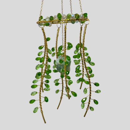 Hanging Gold Metal Suncatcher with Green and Clear Prismatic Beads & Natural Stone