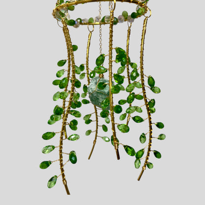 Hanging Gold Metal Suncatcher with Green and Clear Prismatic Beads & Natural Stone