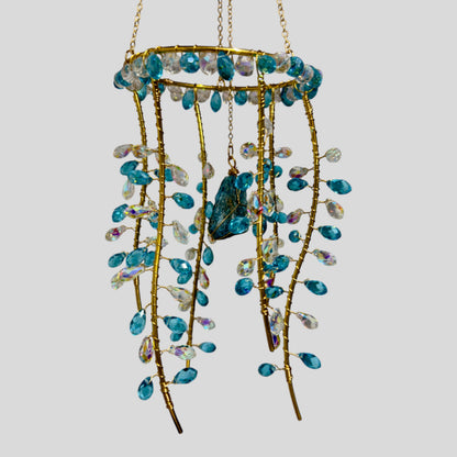 Hanging Gold Metal Suncatcher with Blue and Clear Prismatic Beads & Natural Stone
