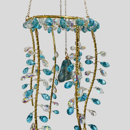Hanging Gold Metal Suncatcher with Blue and Clear Prismatic Beads & Natural Stone