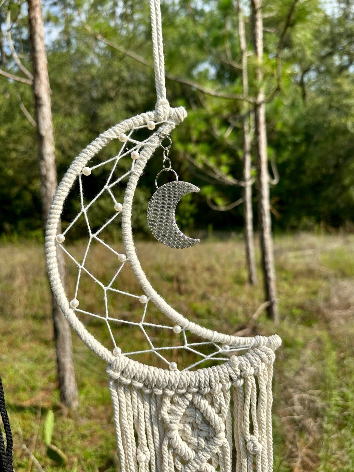 Cream macrame dream catcher wall hanging with crescent moon charm and knot fringe