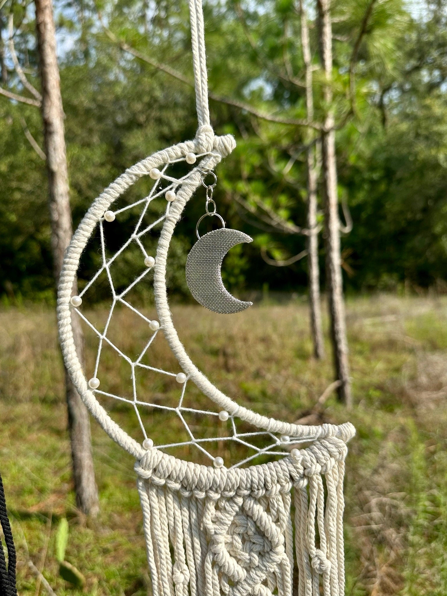 Cream macrame dream catcher wall hanging with crescent moon charm and knot fringe