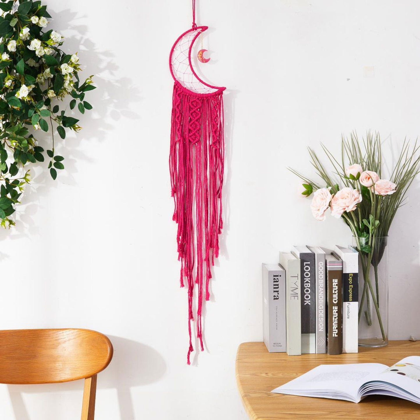 Dark pink macrame crescent moon dream catcher wall hanging with fringe tassels and charm