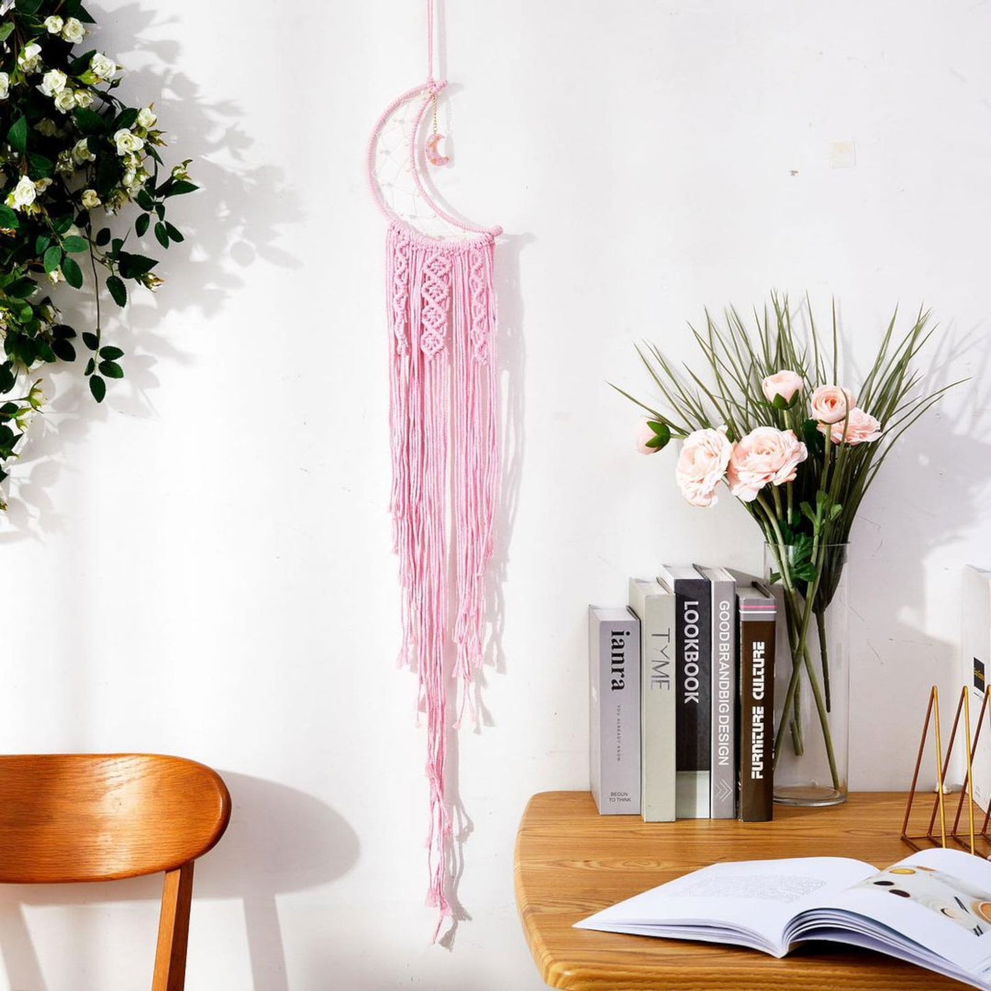 Pink macrame crescent moon dream catcher wall hanging with long tassels