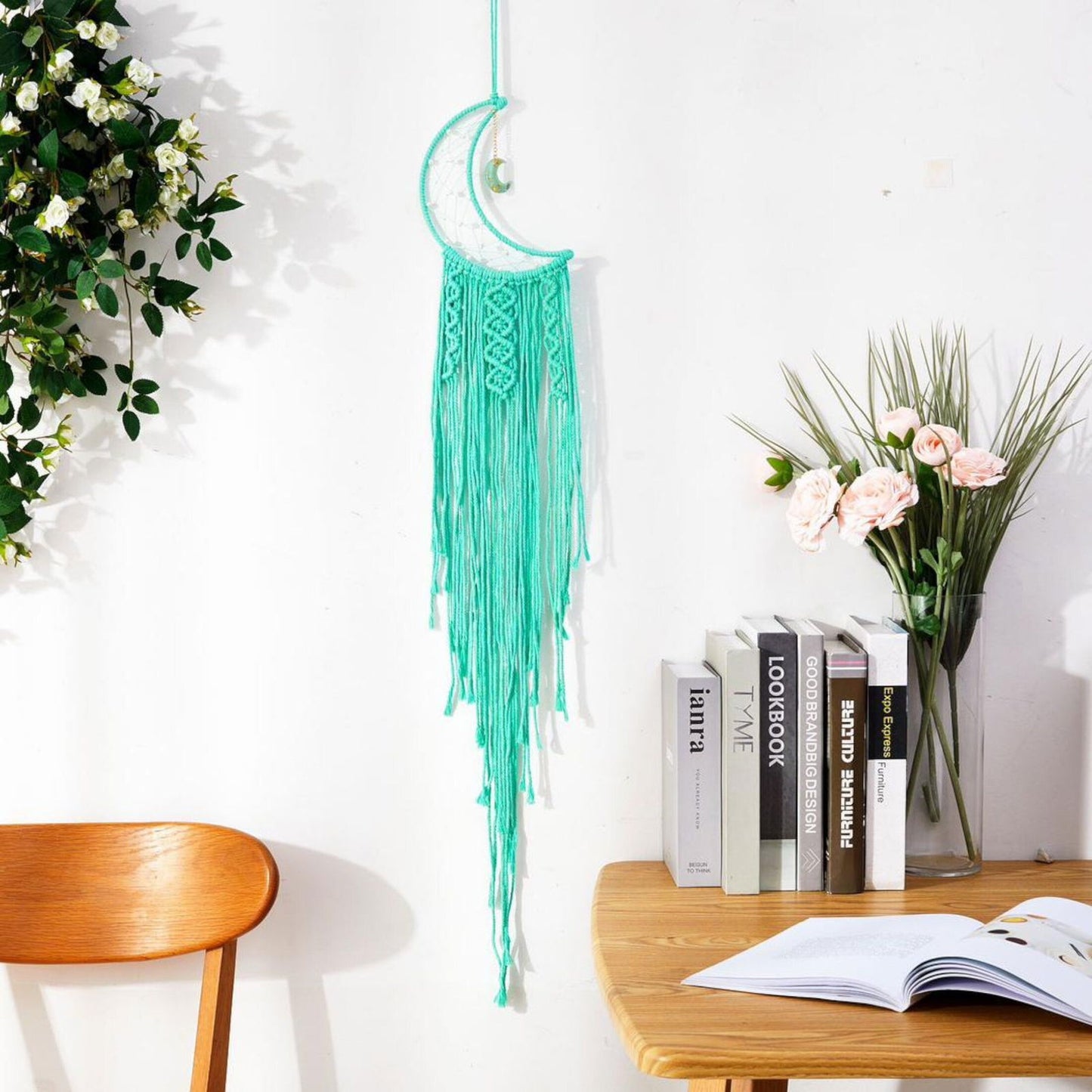 Turquoise macrame crescent moon dream catcher wall hanging with dangling tassels
