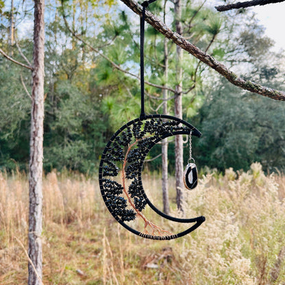 Crescent moon wall hanging dream catcher with black obsidian stones and hanging charm