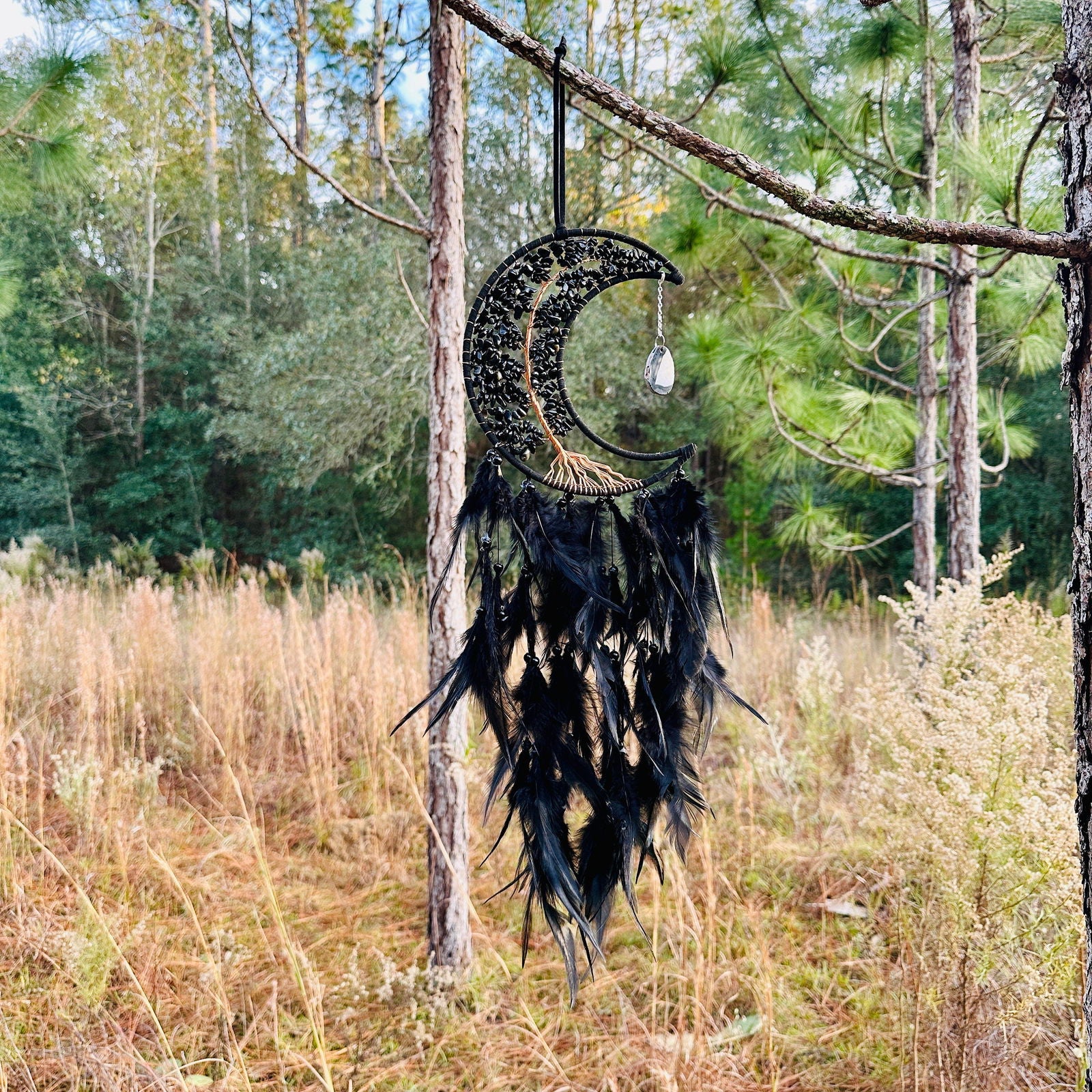 Crescent moon dream catcher wall hanging with black bead fringe and feather tassels