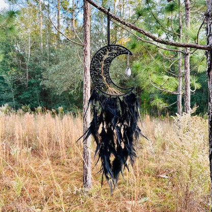 Crescent moon dream catcher wall hanging with black bead fringe and feather tassels