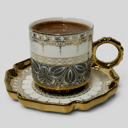 Luxury Turkish Coffee Cup Set for 6 – White & Charcoal Porcelain with Gold Accents