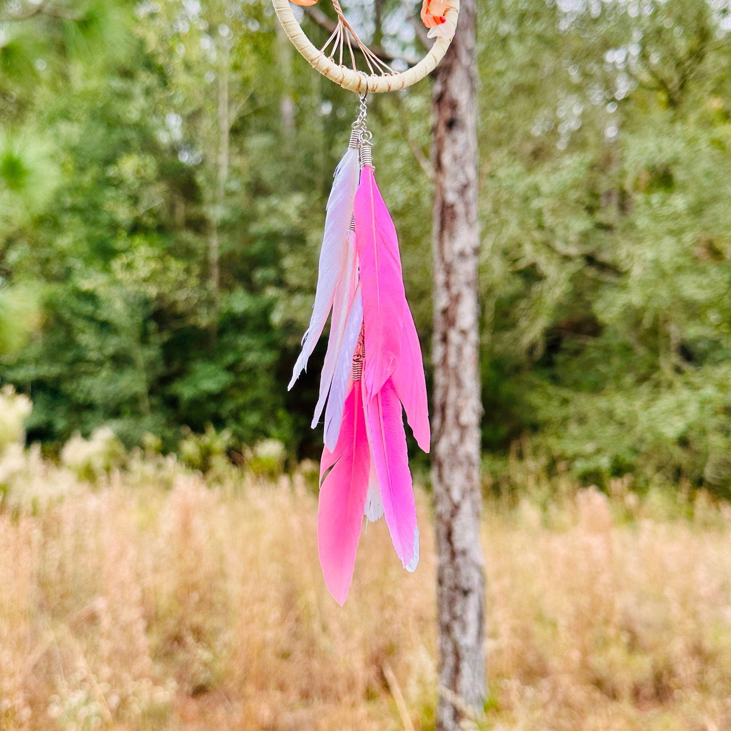 Pink feather dreamcatcher with hanging tassels on hoop