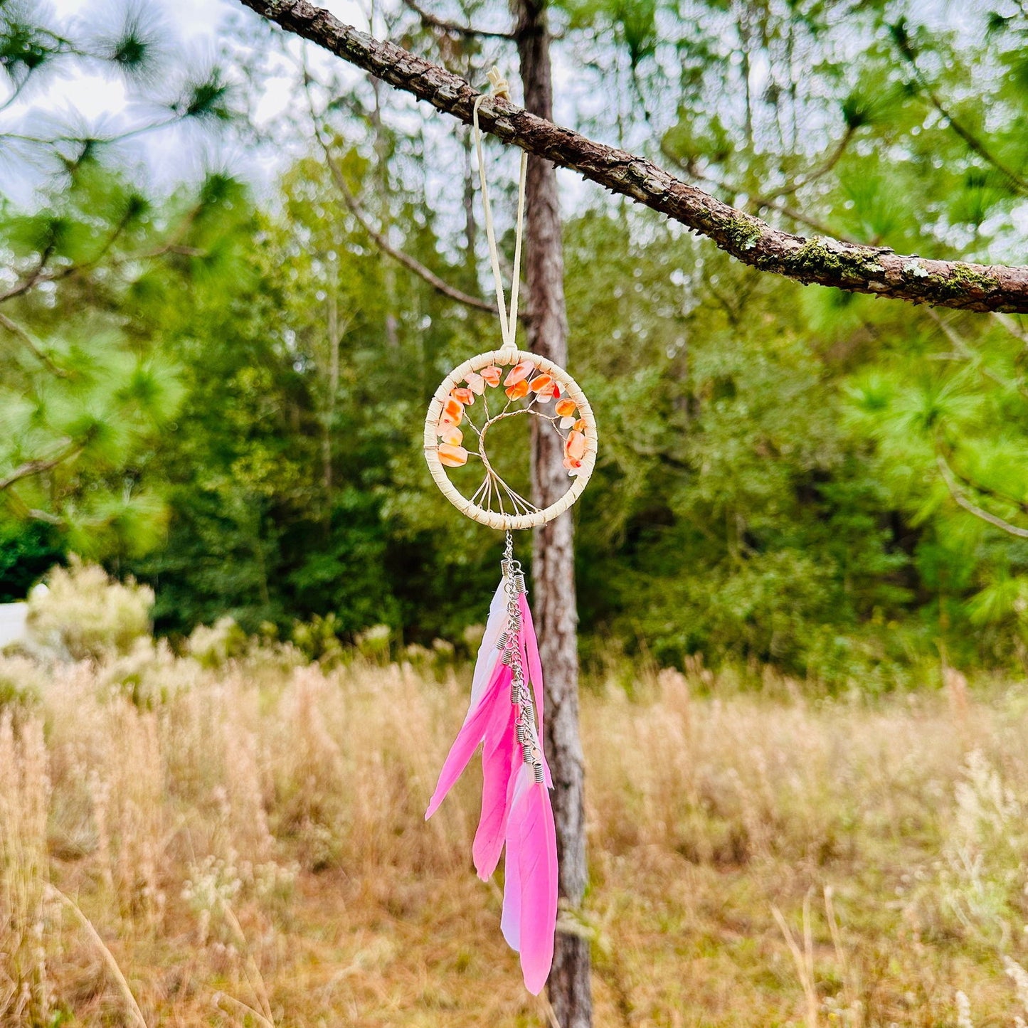 Pink dreamcatcher hoop with feather tassel hanging cord