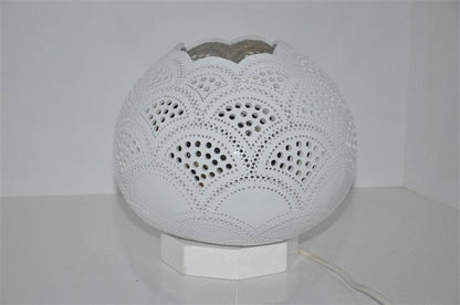 White Moroccan mosaic table lamp with scalloped gourd shade and perforated lantern pattern.