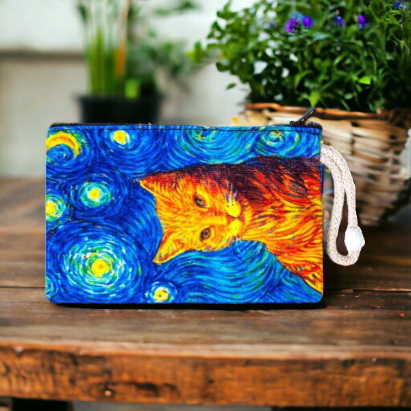 Colorful cat art zipper clutch purse, blue fabric with starry illustration and zipper pull