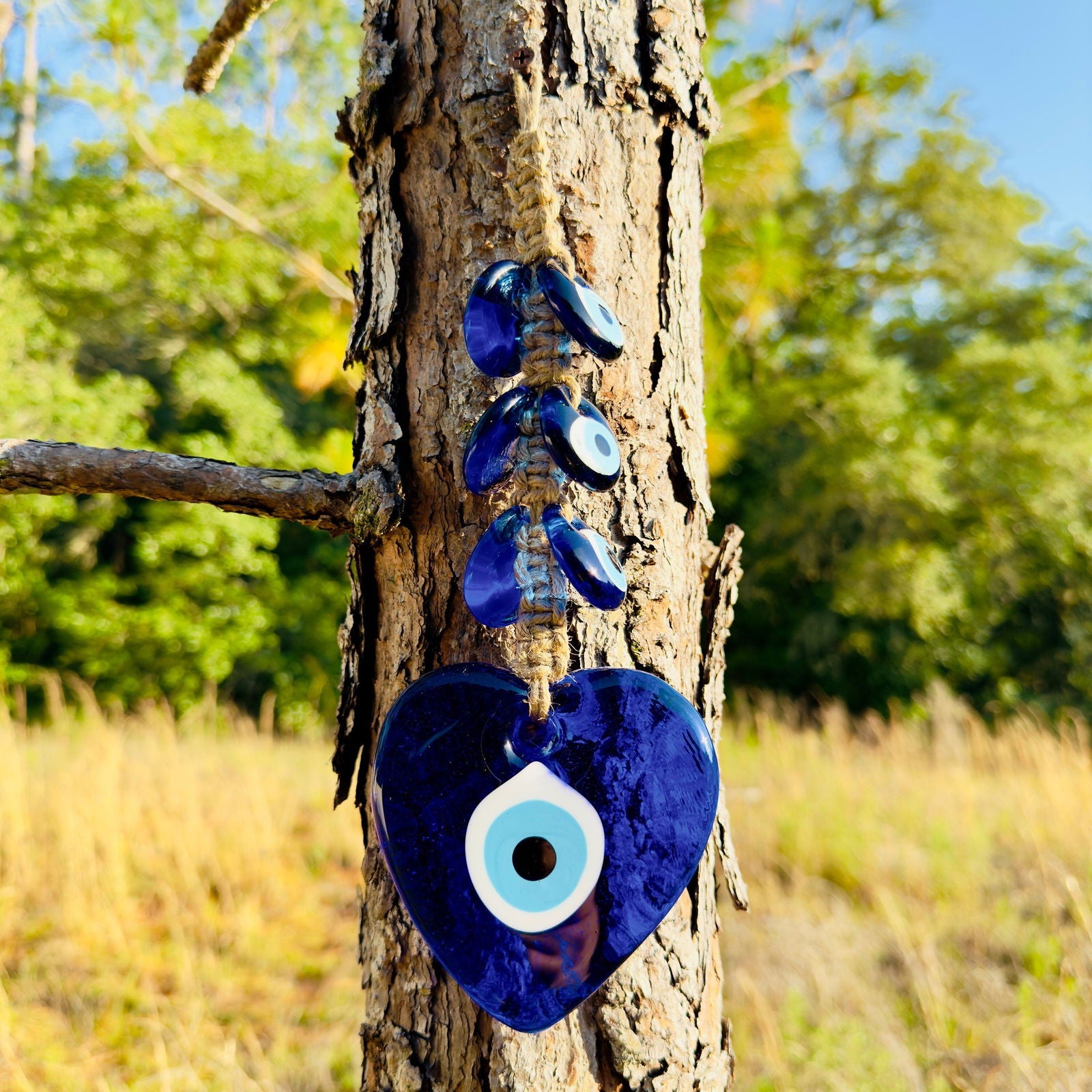 Blue heart evil eye macrame wall hanging with round Nazar beads