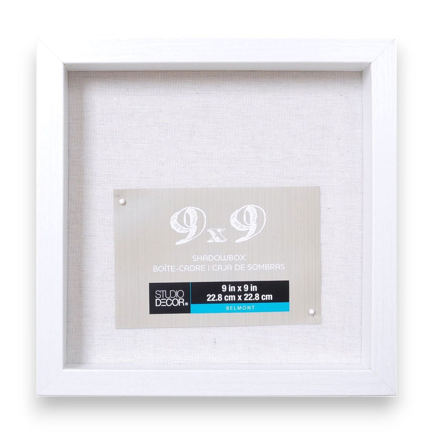 White 9x9 shadow box with centered product label inside frame