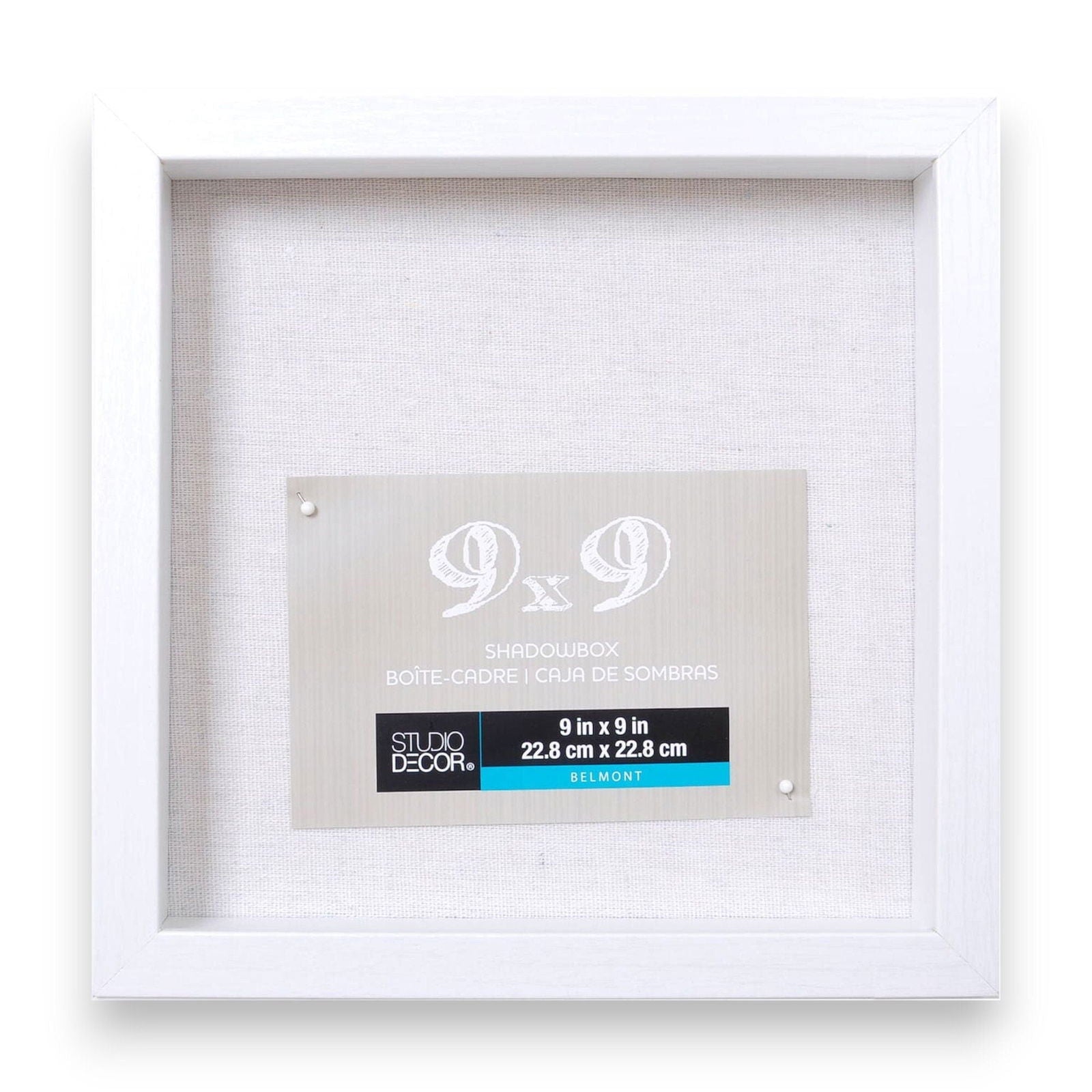 White 9x9 shadow box with centered product label inside frame