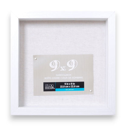 White 9x9 shadow box with centered product label inside frame