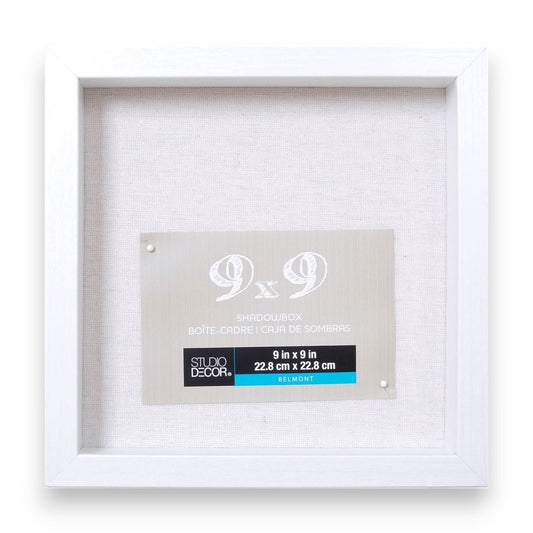 White 9x9 shadow box with centered product label inside frame