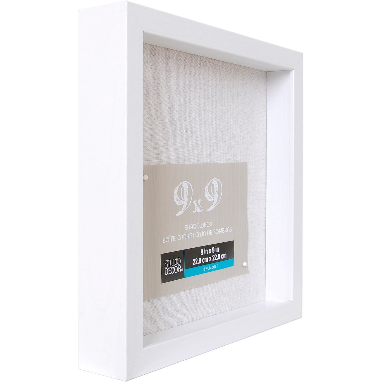 White shadow box with recessed inner opening and centered size label