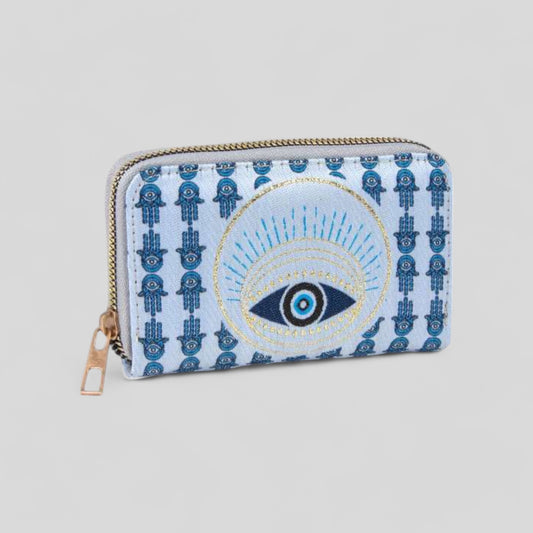 Hamsa Hand and Evil Eye Patterned Woven Zipper Wallet with Gold Accents