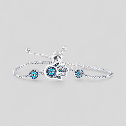 Silver-tone charm bracelet with hamsa hand and blue evil-eye cubic zirconia stones