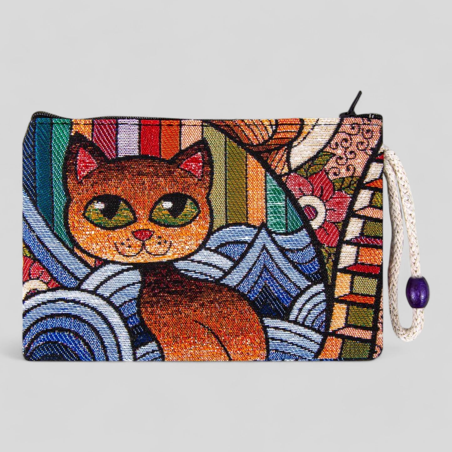 Authentic Kilim Fabric Colorful Modern Cat Art Design Zipper Clutch Purse, Turkish Carpet, Pouch, Coin Purse, Wallet, Small Storage Cat Mom