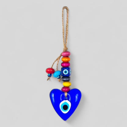 Mini Heart Shape Wall Hanging Evil Eye with Wood Beads Nazar Boncuk Mal De Ojo, Modern Boho Style Home Decor, Turkish Gift, Valentine's Day