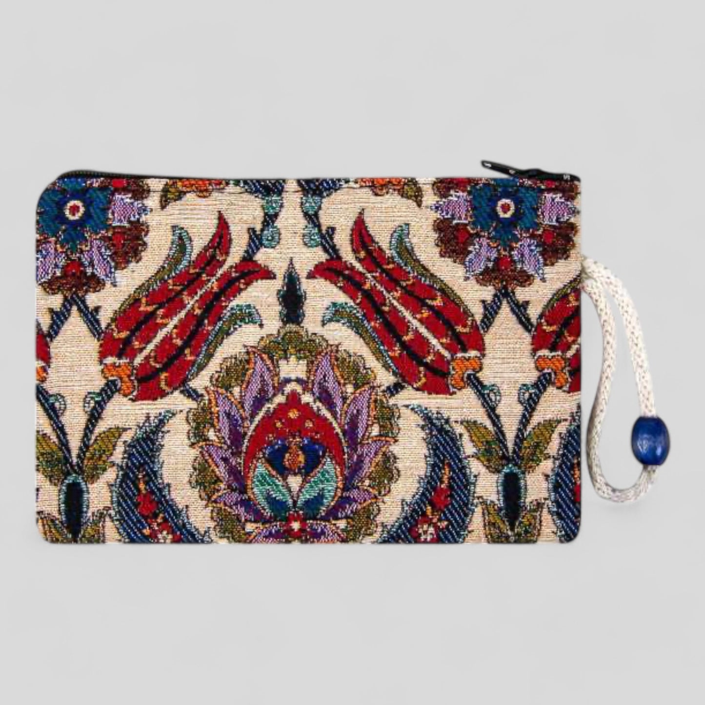 Authentic Kilim Fabric Ottoman Red Tulips Design Zipper Clutch Purse, Turkish Carpet, Pouch, Coin Purse, Wallet, Small Storage