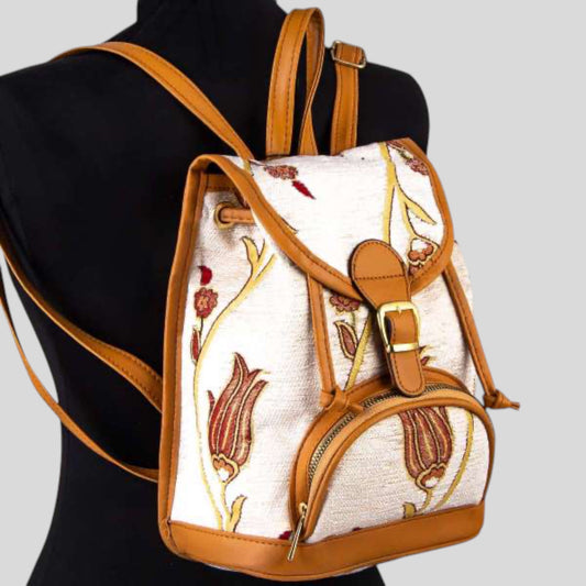 Auténtico bolso de mochila tejida con diseño de tulipanes otomanos de tela Kilim, alfombra turca, bolsa de playa, bolso de mano, bolsa de compras reutilizable - Crema/Oro