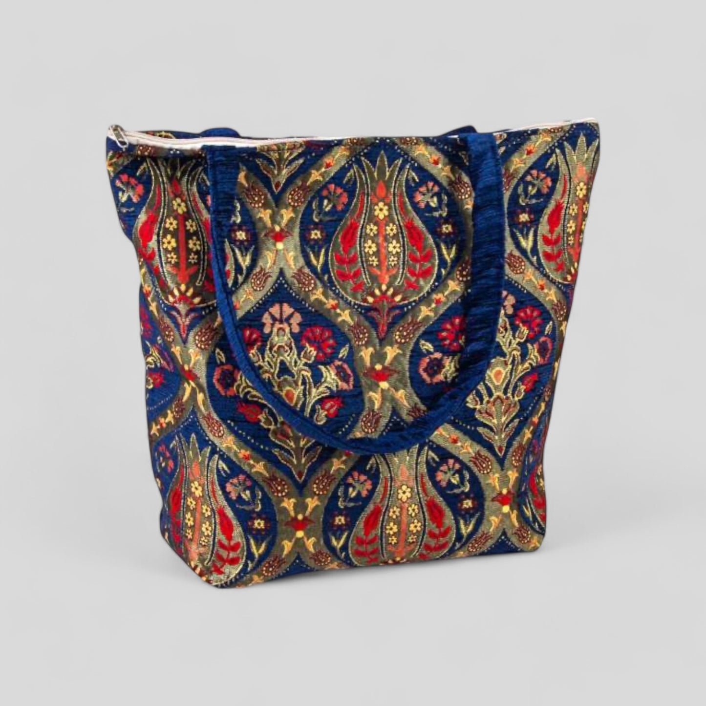 Authentique Kilim Fabric Ottoman Design Purse avec poignées, tapis turc, sac de plage, fourre-tout, sac à provisions réutilisable -- Bleu/Or/Rouge