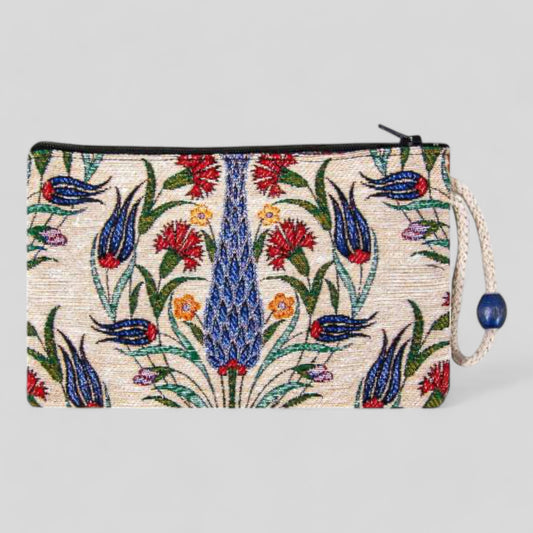 Authentic Kilim Fabric Ottoman Tulips Design Zipper Clutch Purse, Turkish Carpet, Pouch, Coin Purse, Wallet, Small Storage -- Blue Tulips