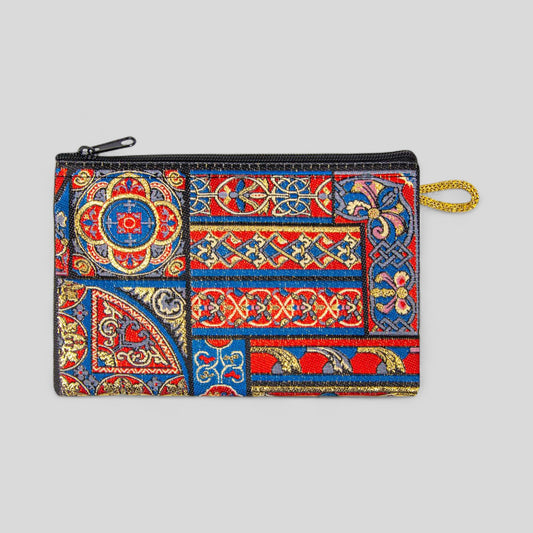 Cute Mini Geometric Red, Blue, and Gold Pattern Woven Zipper Coin Purse