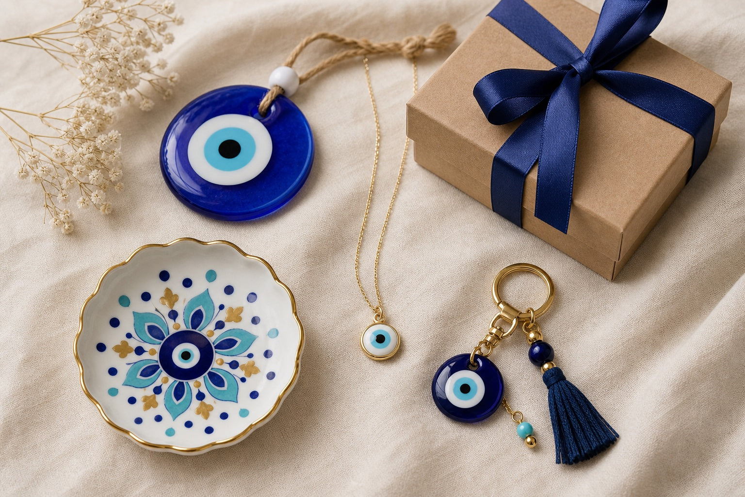 Evil-eye wall charm, necklace, ceramic dish and keychain arranged beside a wrapped gift