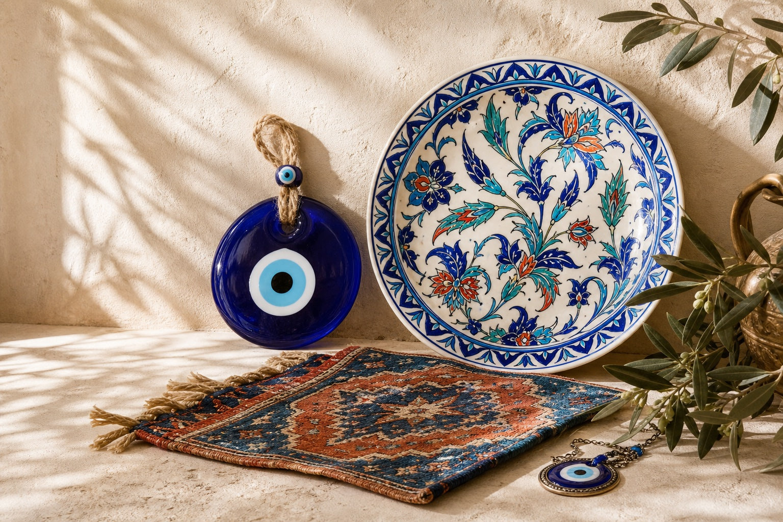 Turkish evil eye charm, hand-painted ceramic plate, kilim textile and pendant displayed together