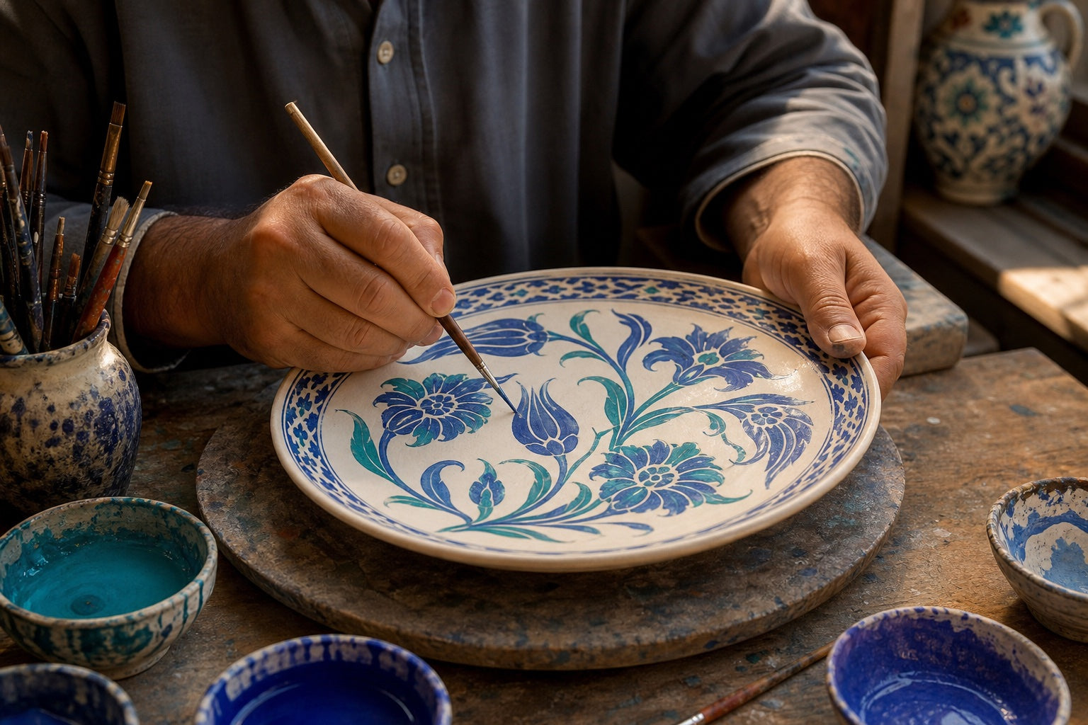 Artisan hand-painting blue and turquoise floral motifs on a ceramic plate