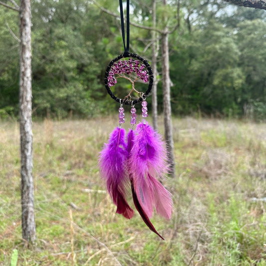 Handmade Dark Purple Gradient Tree of Life Dreamcatcher with Purple Feathers -- Rearview Mirror Hanging or Wall Hanging -- Quick Ship!