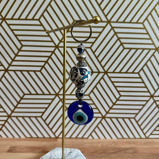 Evil Eye Nazar Boncuk Mal De Ojo Keychain with Hand Painted Ceramic Ball - White and Blue Floral Tulip — Fast Shipping!