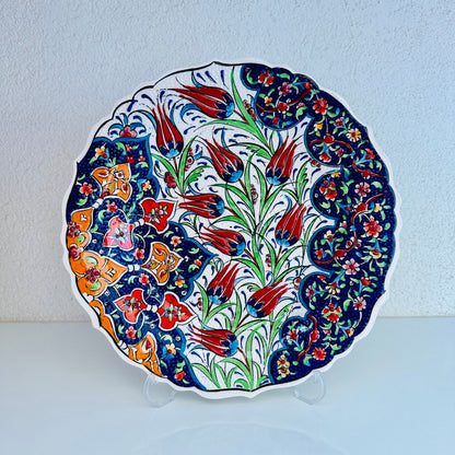 12” Turkish Ceramic Handmade Plate - Ottoman Tulip Floral Patterned - Stand Included - Quick Ship!