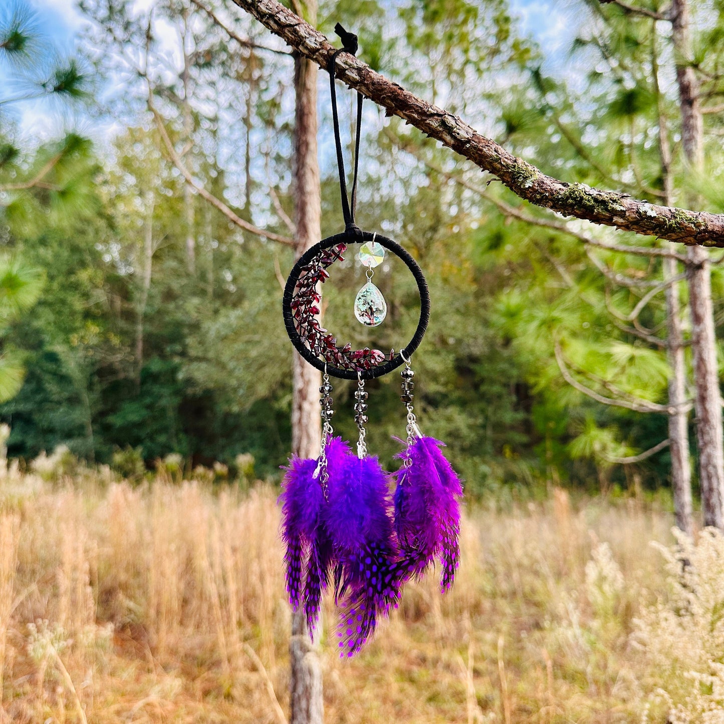 Dark Purple Crescent Moon Dreamcatcher with Purple Spotted Feathers & Decorative Tree Hanging Charm, Rearview Mirror Hanging or Wall Hanging