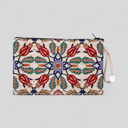 Authentique Kilim Tissu Ottoman Tulipes Design Zipper Clutch Purse, Tapis turc, Pochette, Porte-monnaie, Portefeuille, Petit rangement -- Tulipes rouges