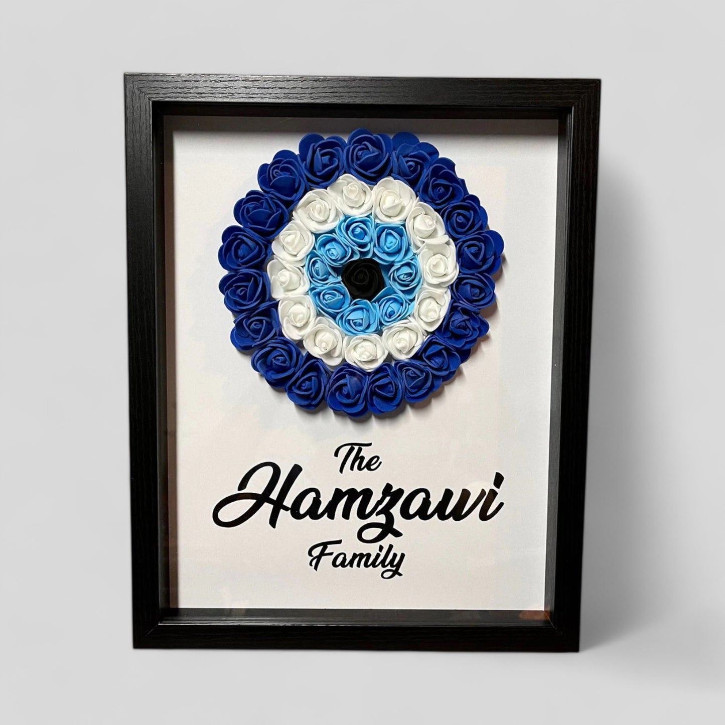 11" x 14" Nombre de familia personalizado hecho a mano Evil Eye Nazar Boncuk Mal De Ojo Rose Flower Shadowbox - ¡Vuelta rápida!