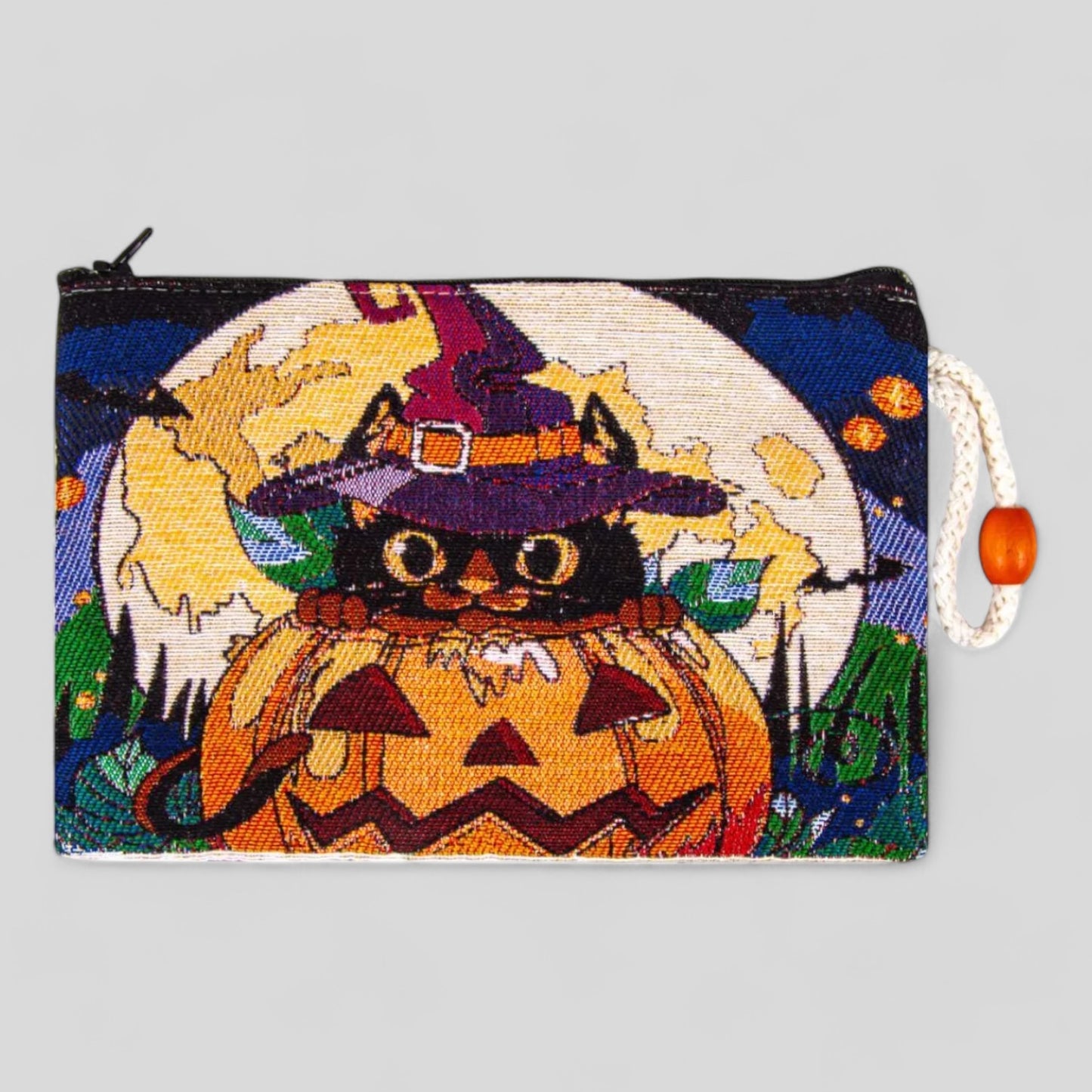 Authentic Kilim Fabric Colorful Halloween Cat in Jack-o-Lantern Design Zipper Clutch Purse, Turkish Carpet, Pouch, Coin Purse, Wallet, Small Storage Cat Mom