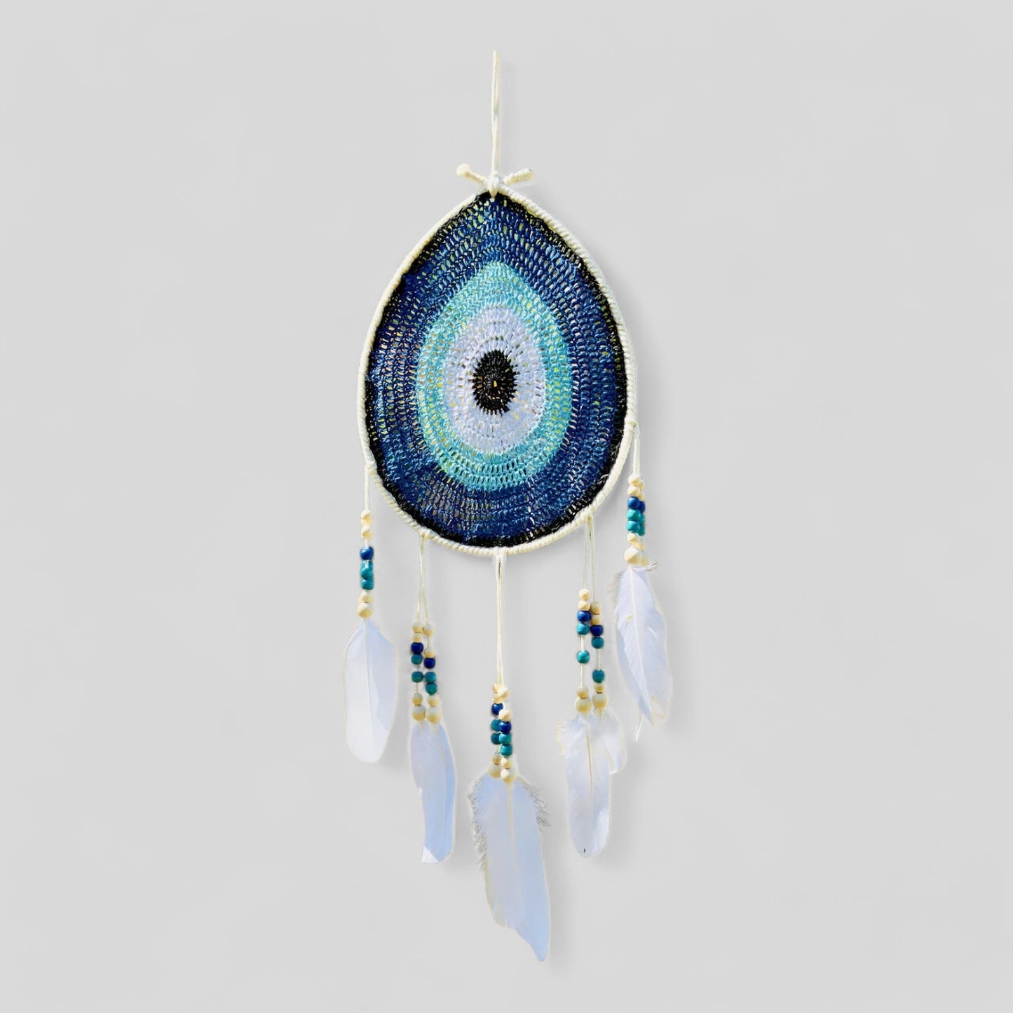 White Tear Drop Crochet Wall Hanging Evil Eye Nazar Boncuk Mal De Ojo Dream Catcher with Feathers, Modern Boho Style Home Decor