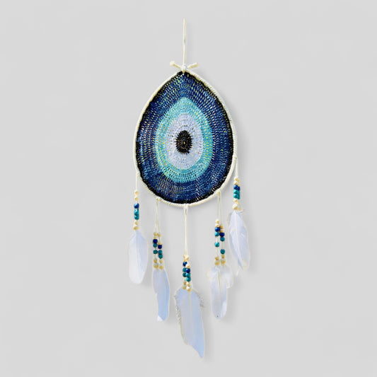 White Tear Drop Crochet Wall Hanging Evil Eye Nazar Boncuk Mal De Ojo Dream Catcher with Feathers, Modern Boho Style Home Decor