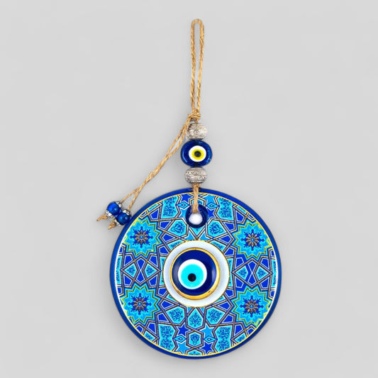 Evil Eye Wall Hanging, House Protection, Home Decor Large Wall Hanging Double Layer Nazar Boncuk Mal De Ojo - Blue and Gold Star Pattern