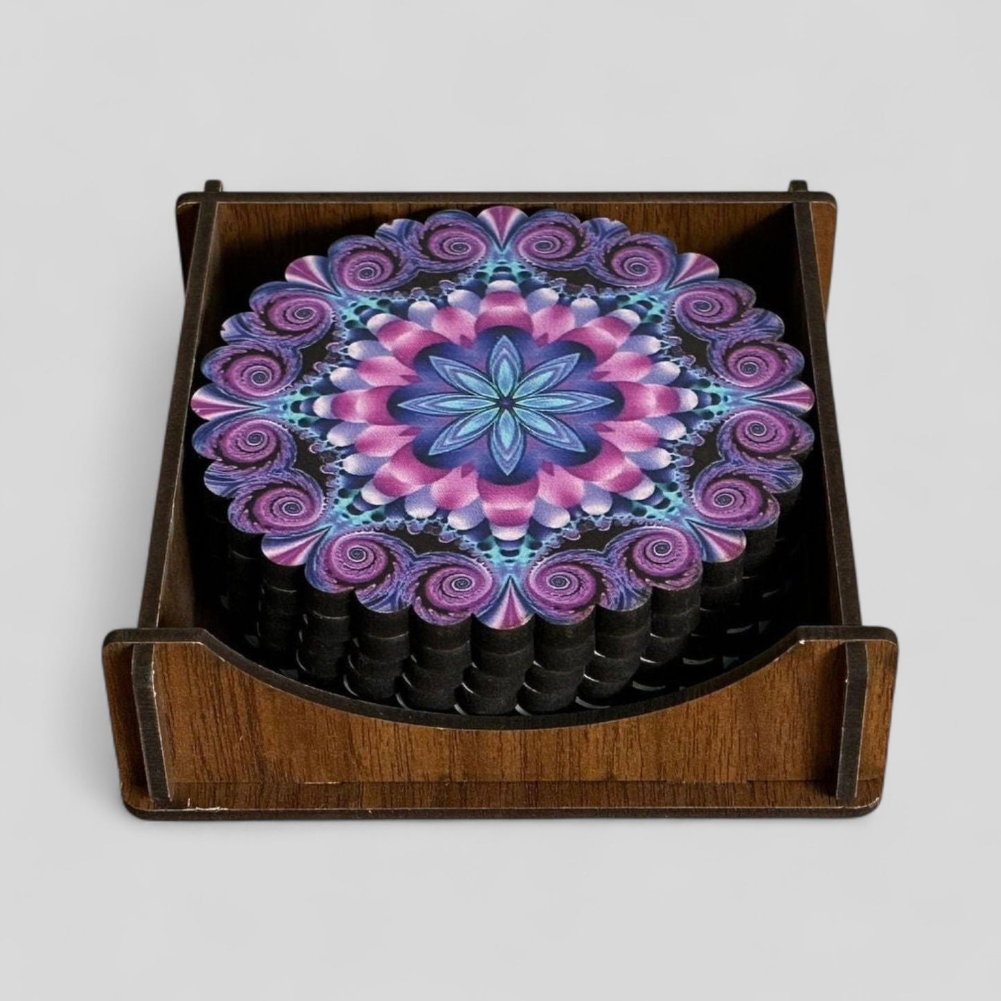 6 Pack Turkish Wooden Coaster Set with Holder - Purple Tone Floral Mandala -- Made in Turkey
