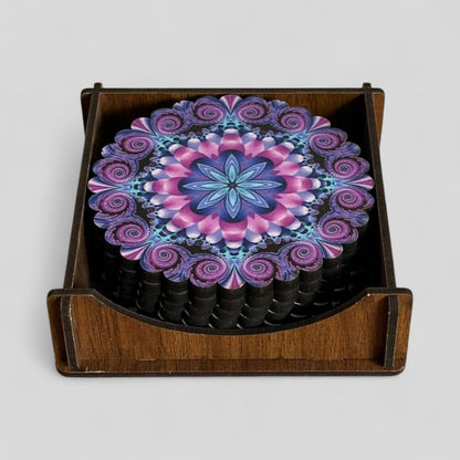6 Pack Turkish Wooden Coaster Set with Holder - Purple Tone Floral Mandala -- Made in Turkey