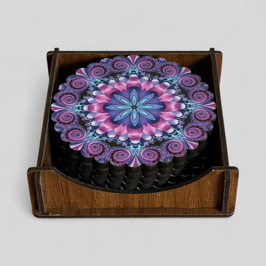 6 Pack Turkish Wooden Coaster Set with Holder - Purple Tone Floral Mandala -- Made in Turkey