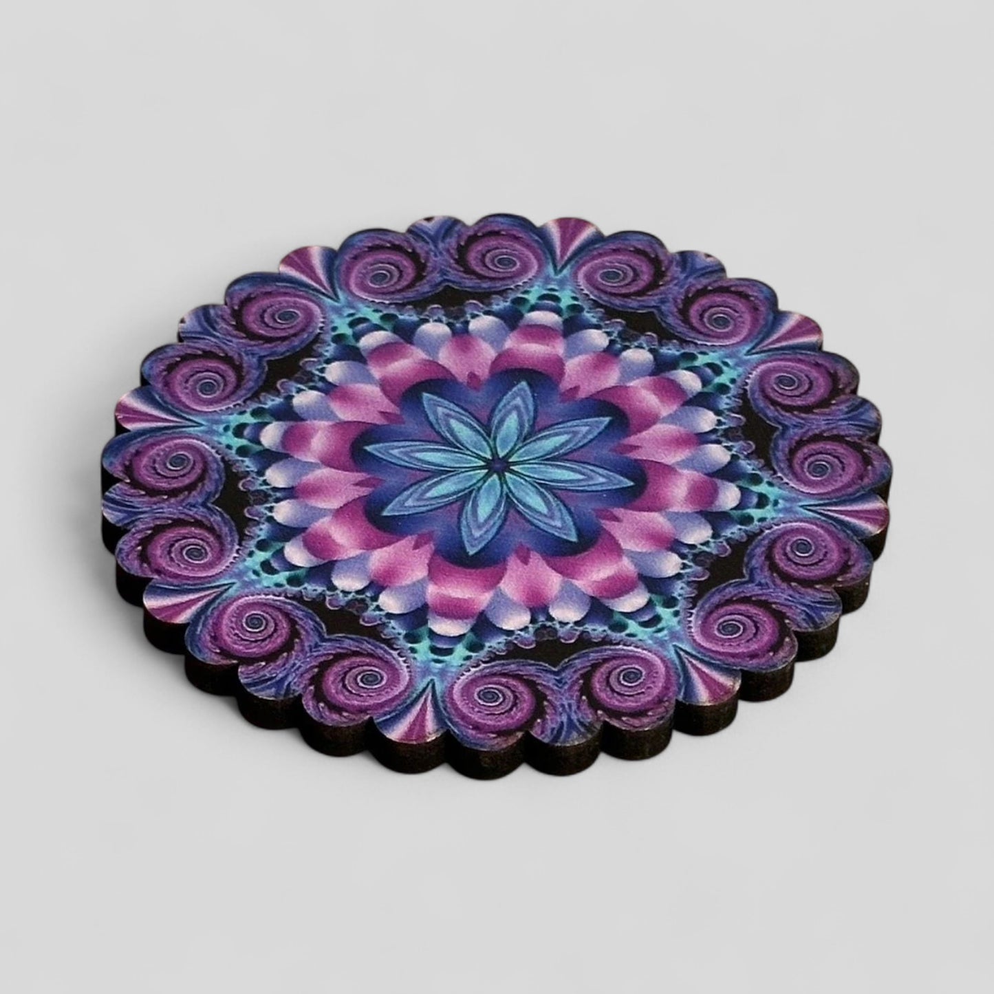 6 Pack Turkish Wooden Coaster Set with Holder - Purple Tone Floral Mandala -- Made in Turkey