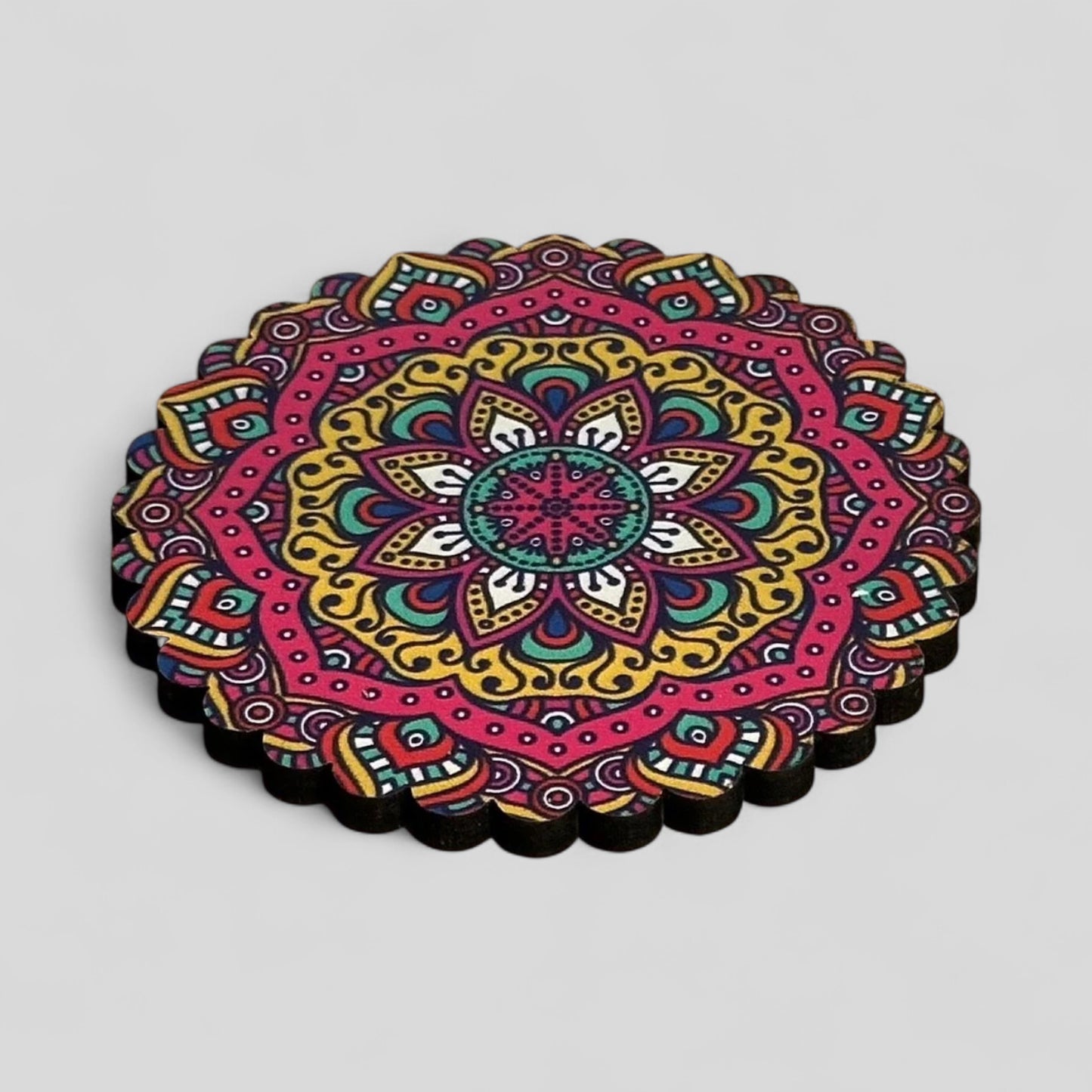 6 Pack Turkish Wooden Coaster Set with Holder - Bright Multicolor Floral Mandala -- Made in Turkey